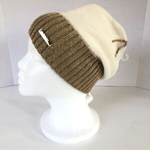 LAUNDRY BY SHELLI SEGAL Alpaca Wool Blend Ribbed Gold Shimmering Trim Beanie OS